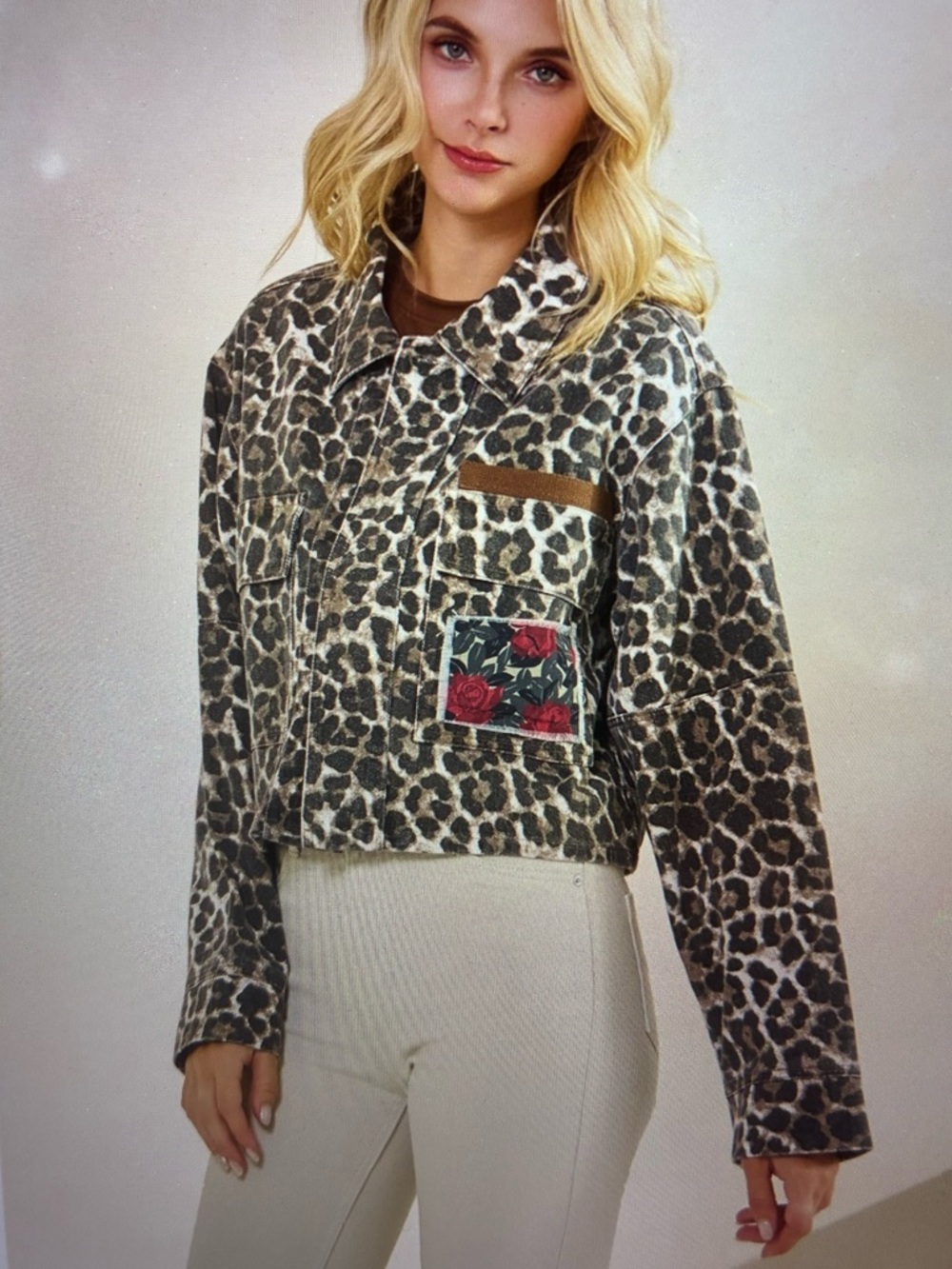 Veveret Leopard Print Button-Up Jacket with Floral Pocket